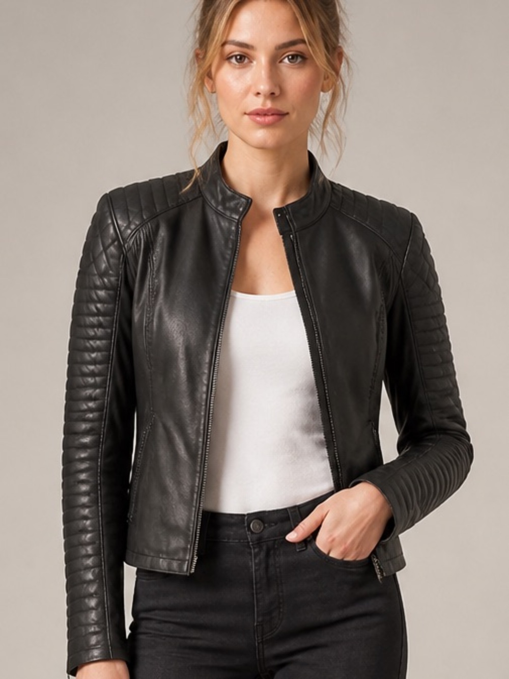 Aether Arrow Napa Cowhide leather Black Quilted Sleeve Leather Jacket size small